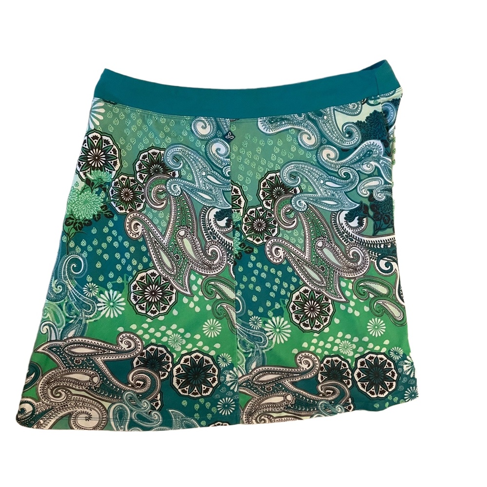 Prana Turquoise Green Paisley Print AboveKnee Stretchy Skirt Womens Size Large - Picture 7 of 7